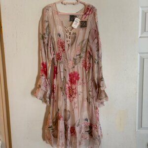 Moda Seta Italy by Neiman Marcus Sheer Pink Lined Floral Print Dress, Sz M, NWT
